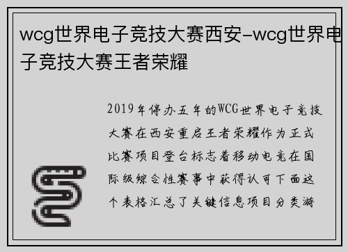 wcg世界电子竞技大赛西安-wcg世界电子竞技大赛王者荣耀